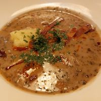 Mushroom soup with 'bacon' and mashed potato. This was something to write home about! Very special and strongly reccomend! at Veganic in Krakow