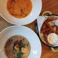 Soups and polenta fries .. amazing at Veganic in Krakow