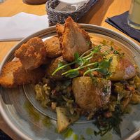 Oyster mushroom cutlets with cabbage and potatoes at Veganic in Krakow