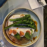 Broccolini and pickled radishes with kohlrabi mousse  at Veganic in Krakow