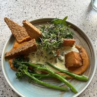 Chefs recommendation: seitan, carrot pure, sweet potato   at Veganic in Krakow