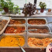 Some of the dishes — vegetables in sauce, soy in sauce, chili con soja, buckwheat, split pea purée with fennel, fried basmati rice. at Garda Pupa in Riga