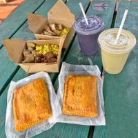 Delicious brunch! Smoothies, jamaican patties and tofu scramble!  at Fire & Spice Vegan Restaurant - Capitol Ave in Hartford