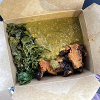 Wilted greens (kale), red lentil Dahl, Pomegranate tempeh  at Fire & Spice Vegan Restaurant - Capitol Ave in Hartford