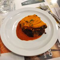 Pastel de boniato y acelga con salsa de tomate casera at El Fogon Verde in Madrid
