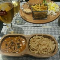 burger with fries and noodles at Veggies in Tirana