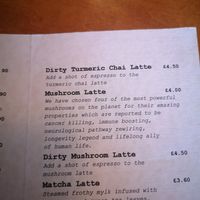Picture of the menu showing the details of the contents of a latte and a dirty mushroom latte at Planetwise & Yoga Studio in Bridlington