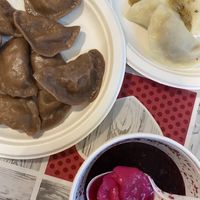 Pierogi with banana & chocolate dough, with sauerkraut & mushrooms and in beetroot soup at Pierogarnia w Porcie in Kolobrzeg