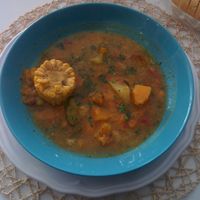 A superb vegan venezuelan sancocho, a soup with corn and chopped vegetables.  at Cookaluzka in Madrid