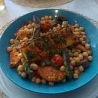 Vegan bowl, including roasted pineapple that was surpresively tasty. at Cookaluzka in Madrid