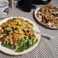Dinner is served! - mexican style pasta salad and stir fried udon noodles with tofu at Savor Living in Oakville