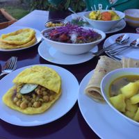Doubles, Curry Cauliflower/Potato, Lentils/Beans/Rice, Beer at Calypso Roti Shop in Tofino