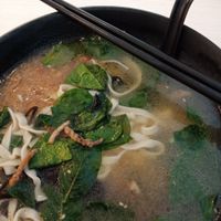 Pan mee (vegan). Generous serving of noodles, sliced mushrooms, mock anchovies and 'yin choy' greens in a light but flavourful broth. at My Real Cafe in Petaling Jaya