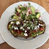 Avocado toast with vegan cheese and sun dried tomatoes   at Veget in Prague