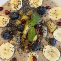Oat milk, fruit and cereals   at Veget in Prague