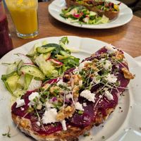 Nr 6 - beetroot sourdough bread. Vegan cream cheese, walnuts, etc. Loved every bite! at Veget in Prague
