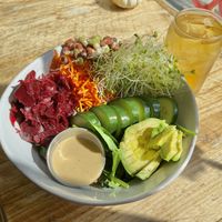 Rainbow Bowl + Iced Green Tea  at Nourish Wellness Cafe in Northampton