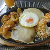 Hambúrguer de vegetais, servido com queijo,ovo, batata e arroz at Sabor & Arte in Coimbra