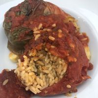 Stuffed bell peppers with rice and French fries at Nice n Easy in Mykonos