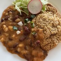Bean goulash with rice-millet patties   at Sarva Hita in Mlada Boleslav