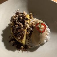 Burnt coconut ice cream on mango pudding and tapioca   at Yellow in Sydney