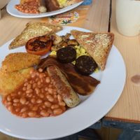 Full English breakfast with added 'black pudding' at Green Kitchen in Brighton