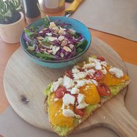 Summer special : Avocado & mango toast with vegan feta at Earth Shop and Cafe in Carvoeiro