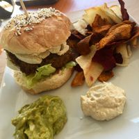 Curry lentil burger, sweet potato and beet crisps, hummus & guacamole dips.. Tasted delicious😋 at Earth Shop and Cafe in Carvoeiro