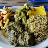 My lunch from top: okra, cou cou, rice with calaloo, calaloo, 3 bean salad. at Creole Shack in St Georges