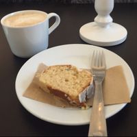 Almond Milk Latte and Vegan Lemon Drizzle Cake at White Wolf Kitchen in Liverpool