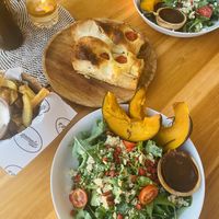 Foccacia, chips and two pumpkin salad, one vg and one veggie  at Mowie's  in 