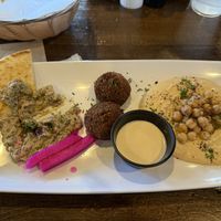 Sampler platter with double hummus, baba ganoush, and falafel   at Olea Mediterranean Kitchen in Swansboro
