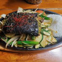 Tofu with Oyster Mushrooms and homemade black sauce at Hum Vegan Cuisine in Berlin