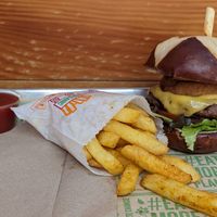 Smoky Mountain BBQ Burger and fries at Next Level Burger - Lake Oswego in Lake Oswego