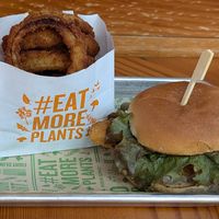onion rings and Crispy Chik'n Burger at Next Level Burger - Lake Oswego in Lake Oswego