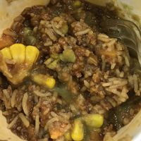 Rice, spicy soya and corn, mushy vegetable curry at Zionly Manna in South East London