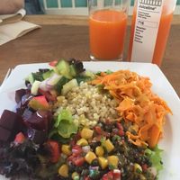 amazing juice with big mixed salad at Great Bistro in Budapest