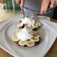 Blueberry pancakes with extra banana. Beautiful   at Great Bistro in Budapest