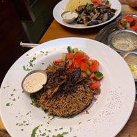 The Mujaddara (front) and the Vegan Shawarma (back). at Ziatun in Beacon