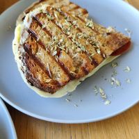 Homemade toast with cheese and a meat substitute #Veganuary at O Xexexe in Costa Da Caparica