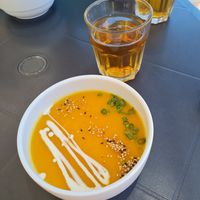 Mint tea and cream of lentil soup at Alfarroba Cafe in Albufeira