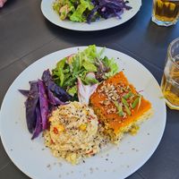Scrambled tofu with carrot puree and bulgur wheat, yum!! at Alfarroba Cafe in Albufeira