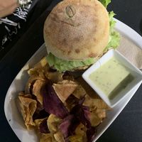 lentil and brown rice burger with sweet potato chips   at Alfarroba Cafe in Albufeira