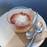 Coconut and jam pudding at Alfarroba Cafe in Albufeira