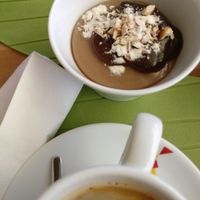 Hazelnut and chocolate mousse with fantastic organic coffee. at Alfarroba Cafe in Albufeira