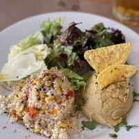 Chickpea puree and bulgar and salad  at Alfarroba Cafe in Albufeira
