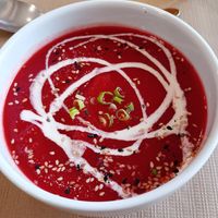 Beetroot soup - very tasty at Alfarroba Cafe in Albufeira