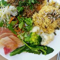 dish of the day, with the most amazing couscous and vegetables with incredible taste at Alfarroba Cafe in Albufeira