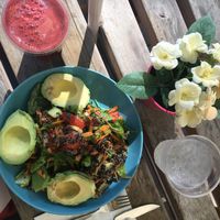 Amazing avocado salad and purple smile juice  at Green Smile in Stockholm