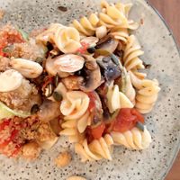 Bulgur wheat tabouleh and vegan pasta 'Rummo' at PiqNiq in Menorca
